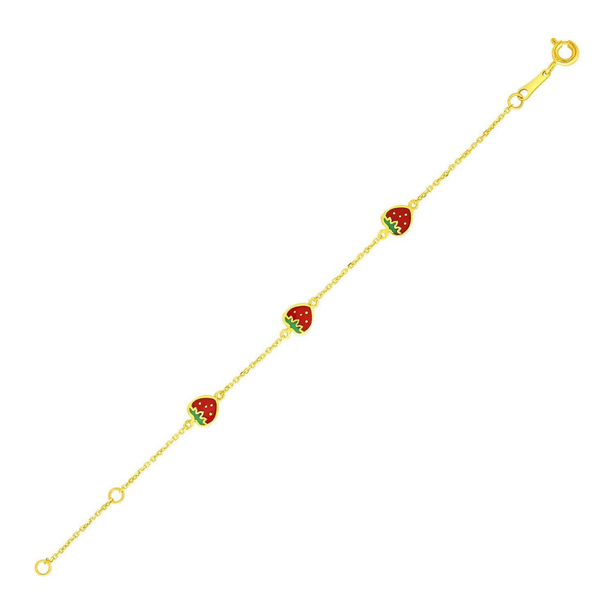 14k Yellow Gold 5 1/2 inch Childrens Bracelet with Enameled Strawberries - Ellie Belle