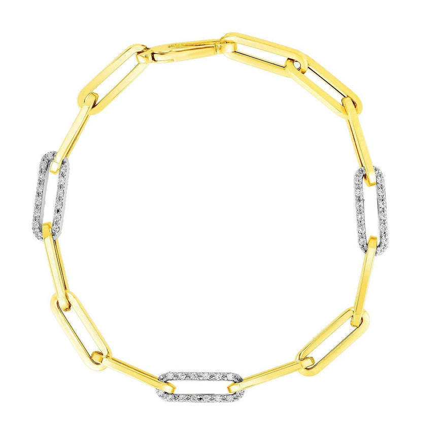 14k Yellow Gold 7 1/2 inch Paperclip Chain Bracelet with Three Diamond Links - Ellie Belle