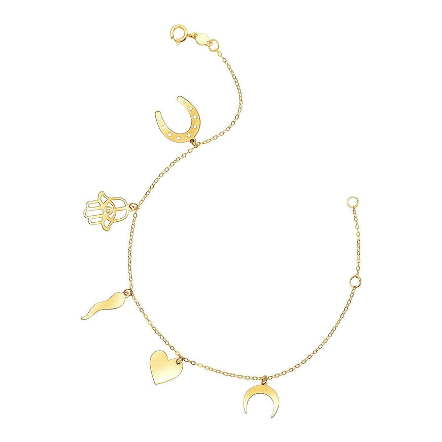 14k Yellow Gold 7 inch Bracelet with Polished Charms - Ellie Belle