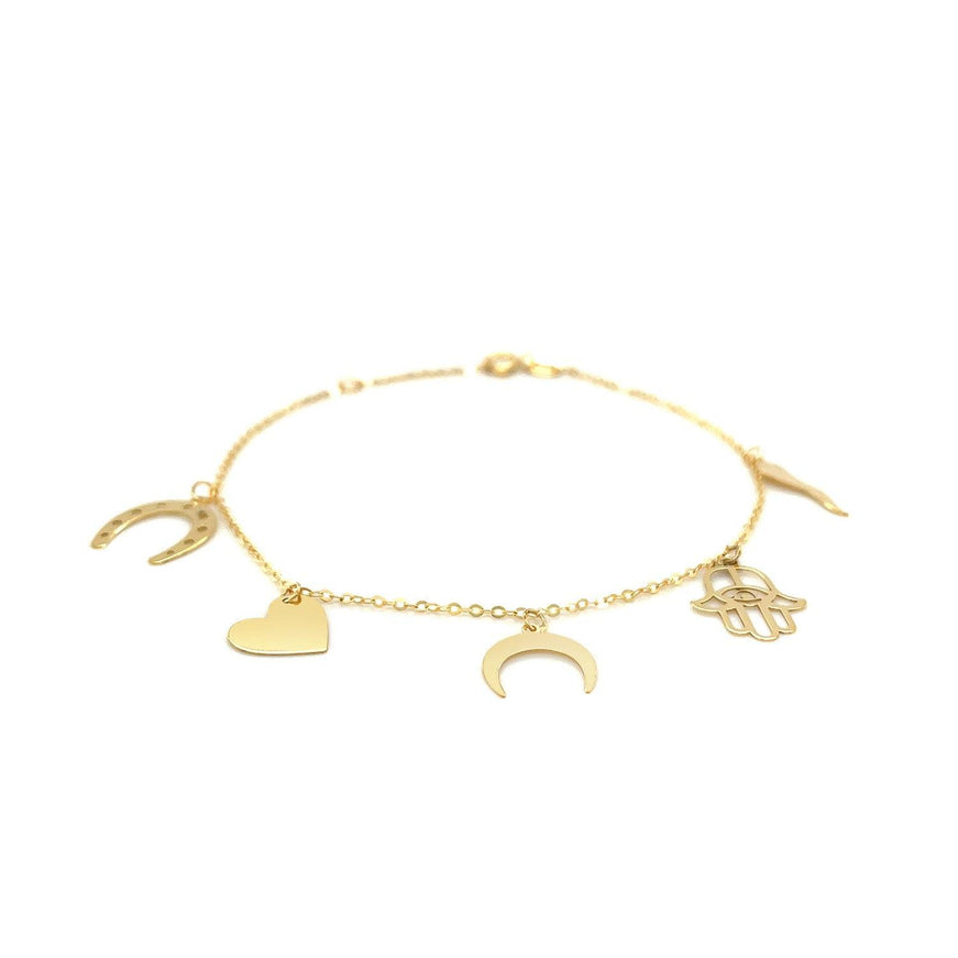 14k Yellow Gold 7 inch Bracelet with Polished Charms - Ellie Belle