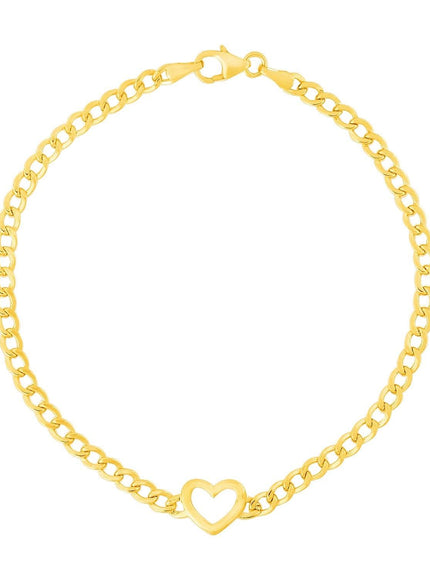 14k Yellow Gold 7 inch Curb Chain Bracelet with Heart - Ellie Belle