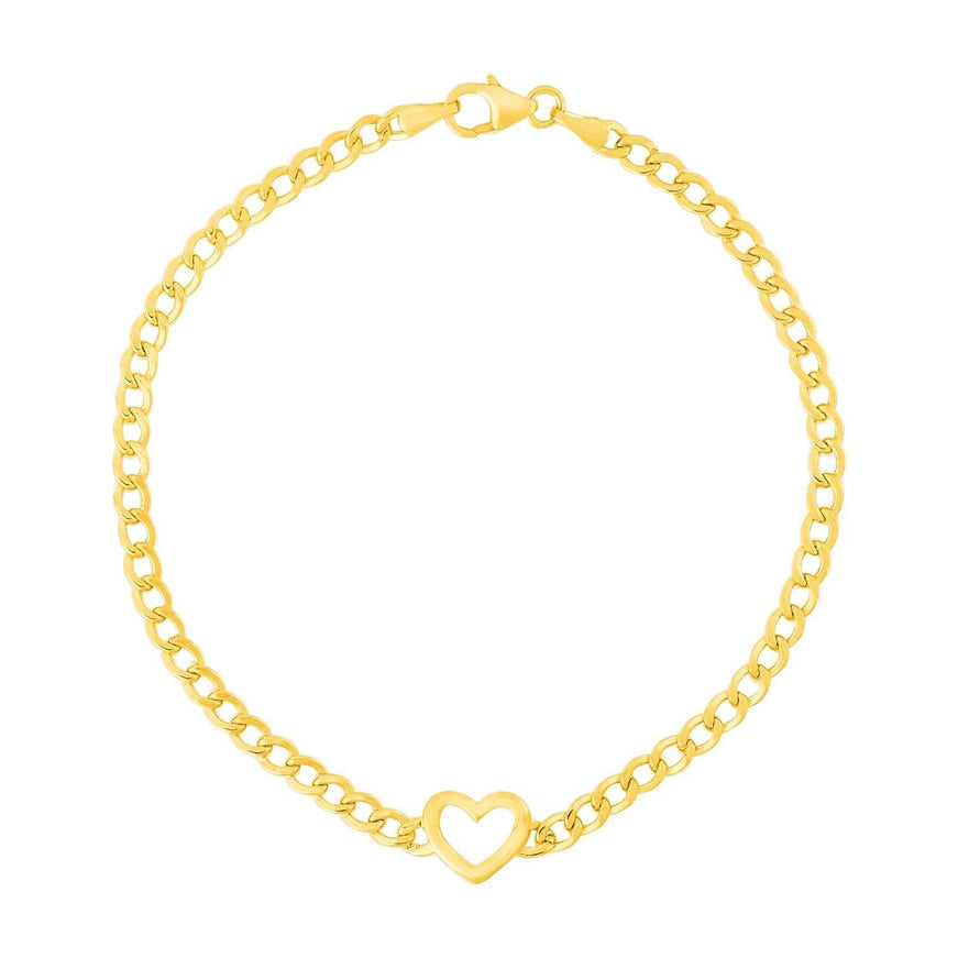 14k Yellow Gold 7 inch Curb Chain Bracelet with Heart - Ellie Belle