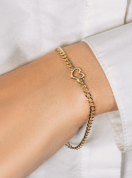 14k Yellow Gold 7 inch Curb Chain Bracelet with Heart - Ellie Belle