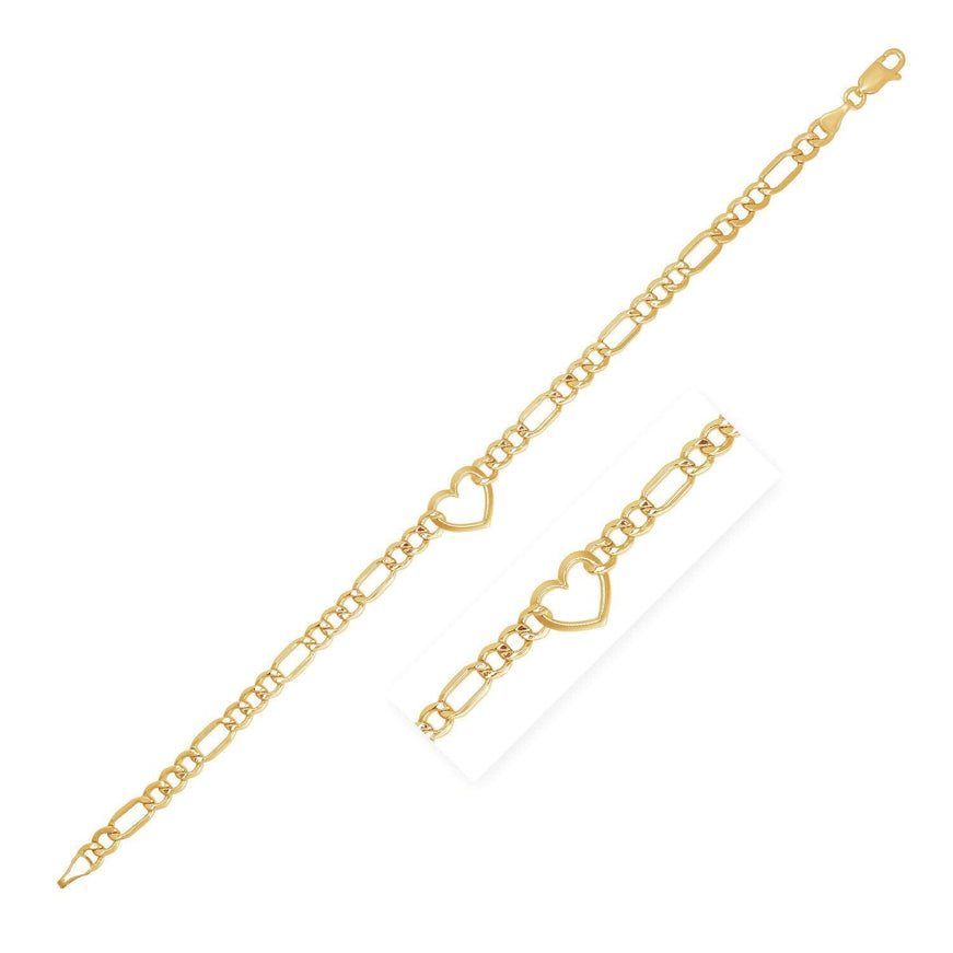 14k Yellow Gold 7 inch Figaro Chain Bracelet with Heart - Ellie Belle