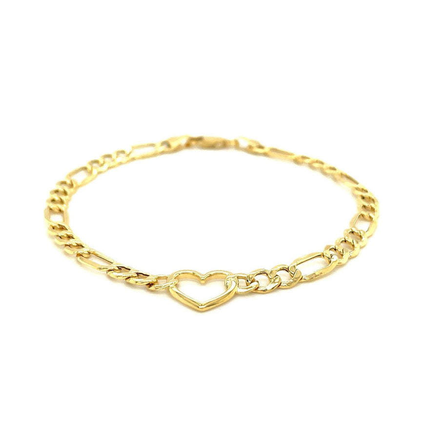 14k Yellow Gold 7 inch Figaro Chain Bracelet with Heart - Ellie Belle