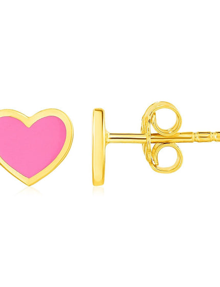 14k Yellow Gold and Enamel Pink Heart Stud Earrings - Ellie Belle