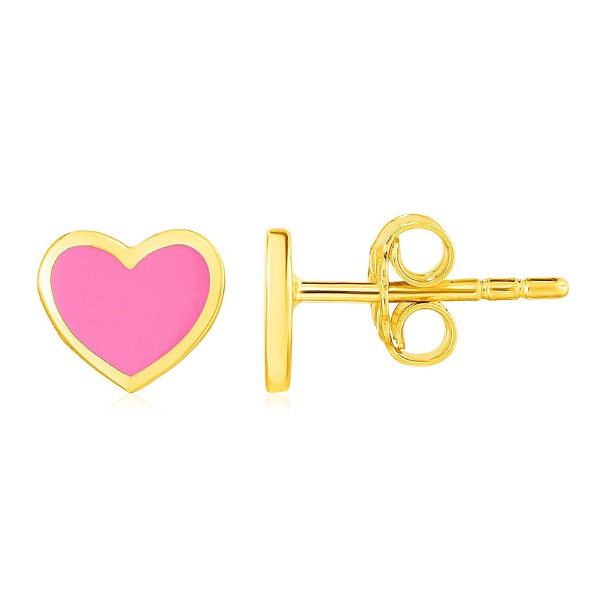 14k Yellow Gold and Enamel Pink Heart Stud Earrings - Ellie Belle