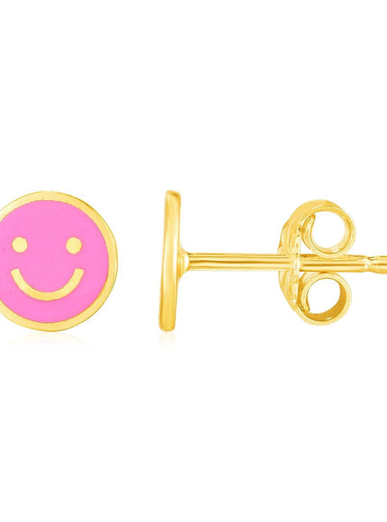 14k Yellow Gold and Enamel Pink Smiley Face Stud Earrings - Ellie Belle