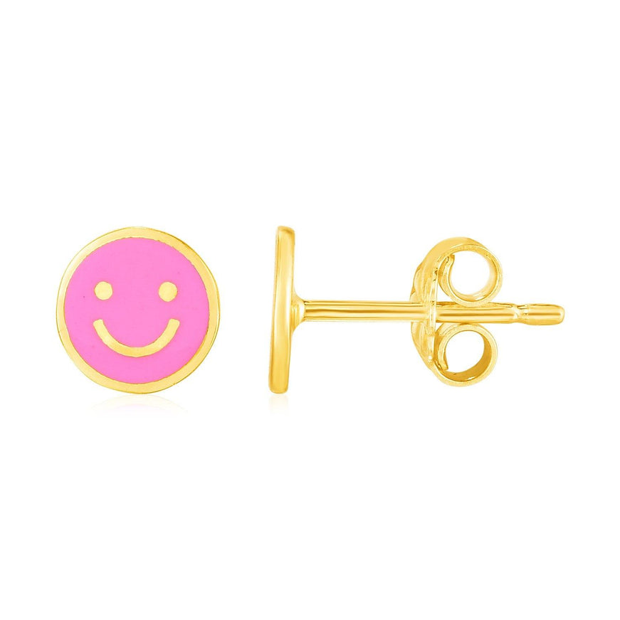 14k Yellow Gold and Enamel Pink Smiley Face Stud Earrings - Ellie Belle