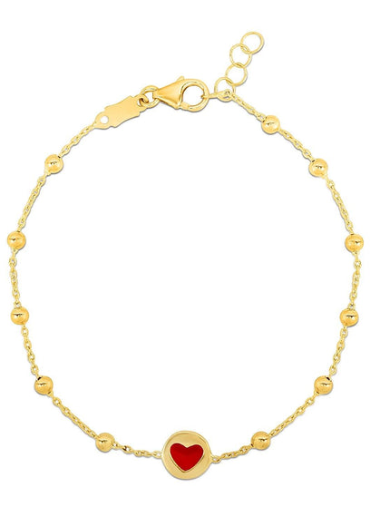 14k Yellow Gold Childrens Bracelet with Beads and Enameled Heart - Ellie Belle