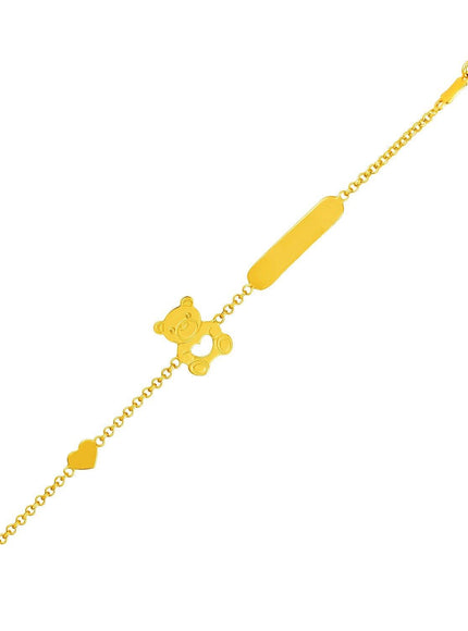 14k Yellow Gold Childrens Bracelet with Teddy Bear Heart and Bar - Ellie Belle