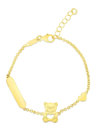 14k Yellow Gold Childrens Bracelet with Teddy Bear Heart and Bar - Ellie Belle