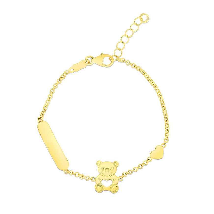 14k Yellow Gold Childrens Bracelet with Teddy Bear Heart and Bar - Ellie Belle