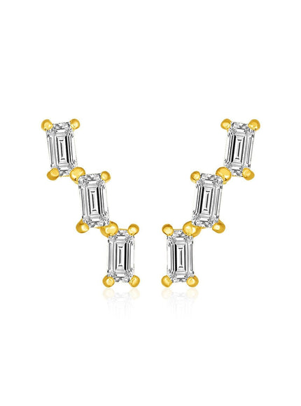 14k Yellow Gold Climber Post Earrings with Baguette Cubic Zirconias - Ellie Belle