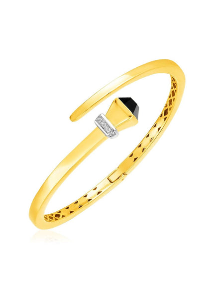 14k Yellow Gold Crossover Style Hinged Bangle Bracelet with Onyx and Diamonds - Ellie Belle