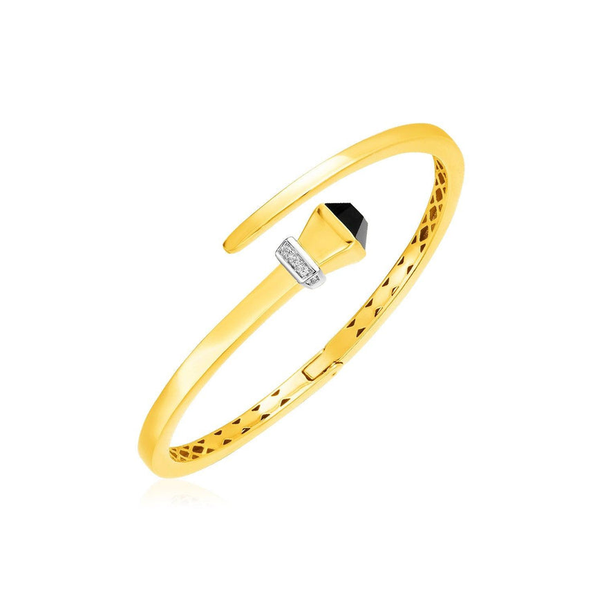 14k Yellow Gold Crossover Style Hinged Bangle Bracelet with Onyx and Diamonds - Ellie Belle