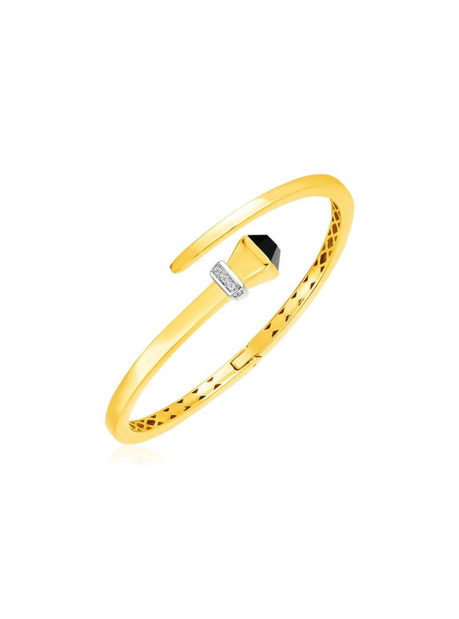 14k Yellow Gold Crossover Style Hinged Bangle Bracelet with Onyx and Diamonds - Ellie Belle