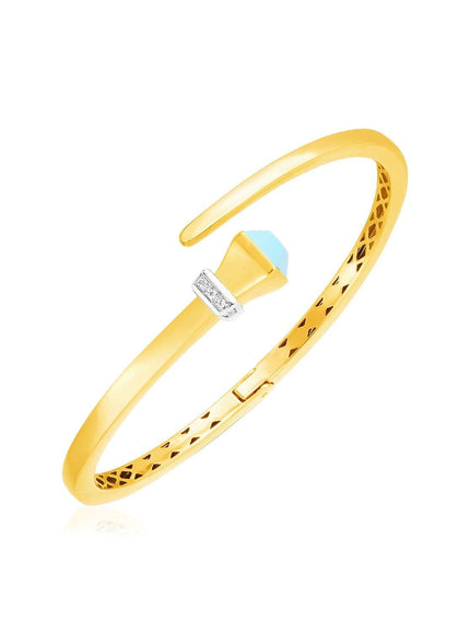 14k Yellow Gold Crossover Style Hinged Bangle Bracelet with Turquoise and Diamonds - Ellie Belle