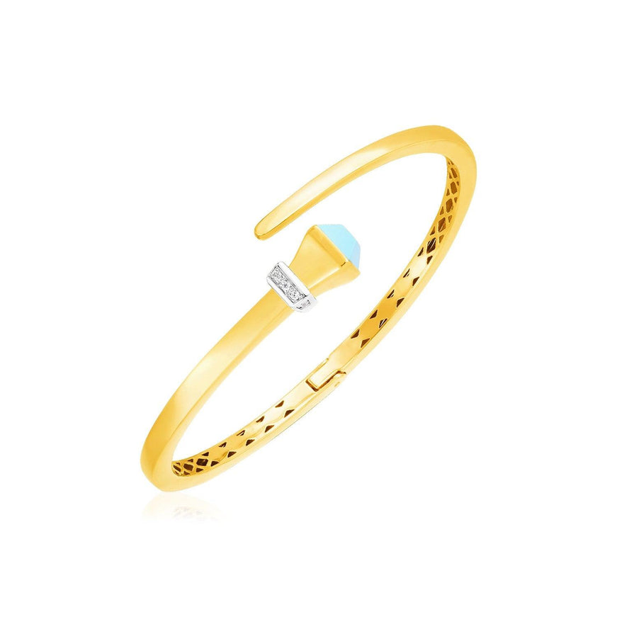 14k Yellow Gold Crossover Style Hinged Bangle Bracelet with Turquoise and Diamonds - Ellie Belle