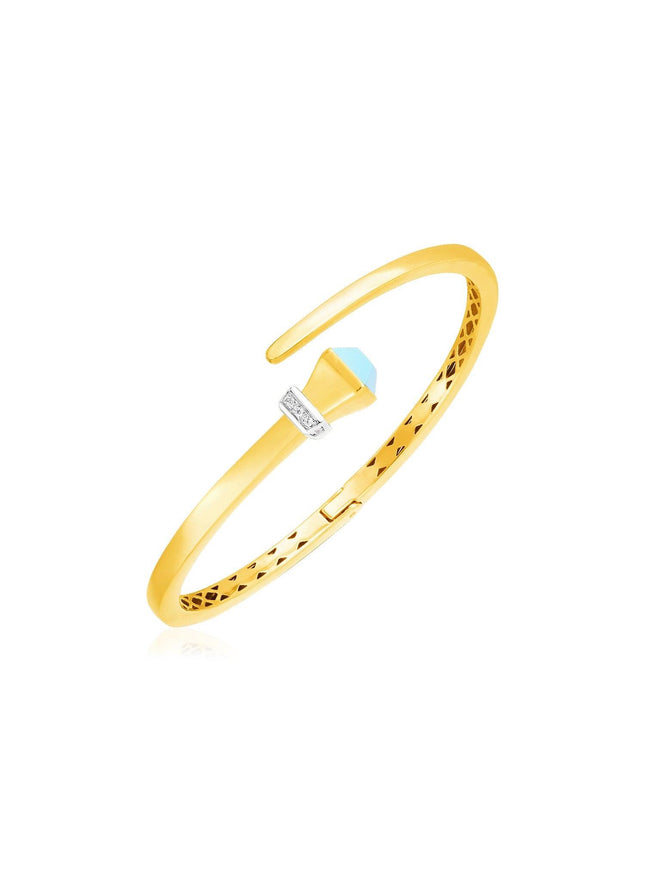 14k Yellow Gold Crossover Style Hinged Bangle Bracelet with Turquoise and Diamonds - Ellie Belle