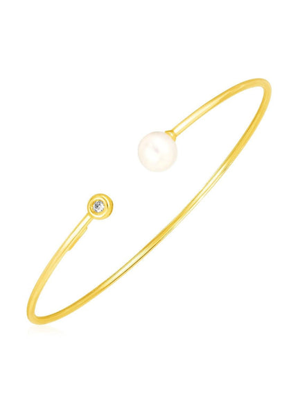 14k Yellow Gold Cuff Bangle with Pearl and Diamond - Ellie Belle