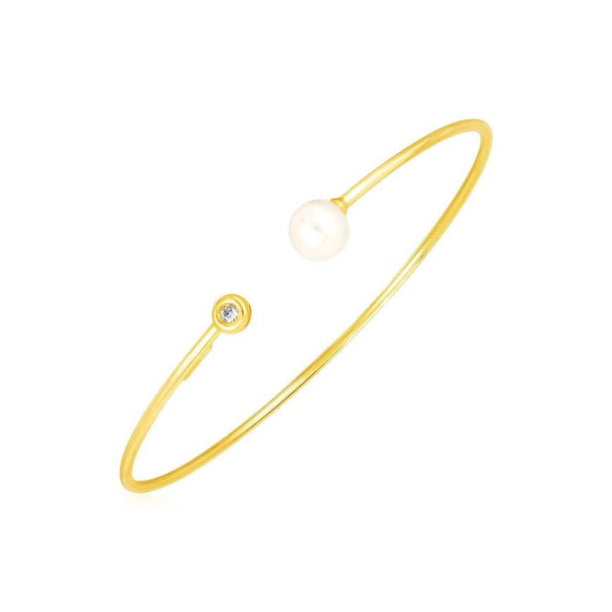 14k Yellow Gold Cuff Bangle with Pearl and Diamond - Ellie Belle