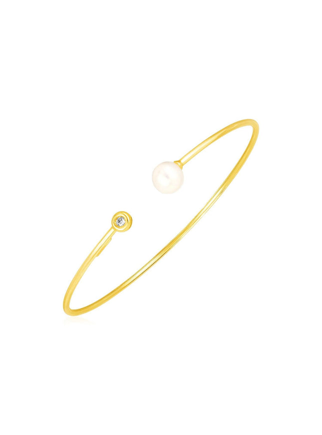 14k Yellow Gold Cuff Bangle with Pearl and Diamond - Ellie Belle