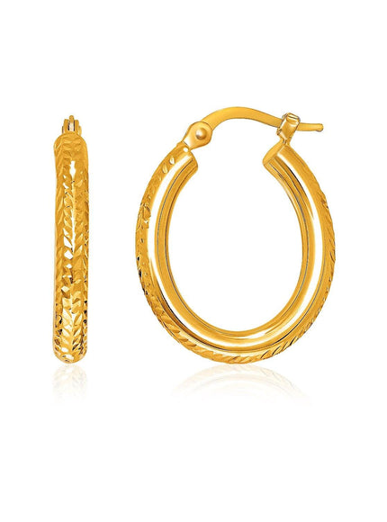 14k Yellow Gold Diamond Cut Textured Oval Hoop Earrings. - Ellie Belle