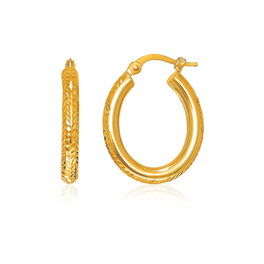 14k Yellow Gold Diamond Cut Textured Oval Hoop Earrings. - Ellie Belle