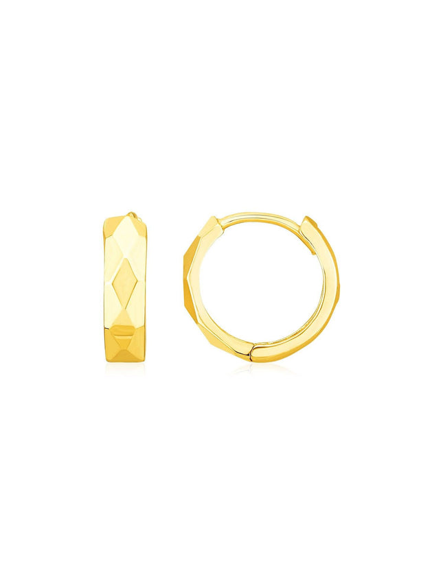 14K Yellow Gold Diamond Motif Faceted Huggie Earrings - Ellie Belle