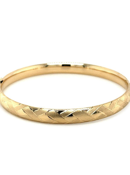 14k Yellow Gold Domed Bangle with a Weave Motif - Ellie Belle