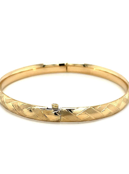 14k Yellow Gold Domed Bangle with a Weave Motif - Ellie Belle