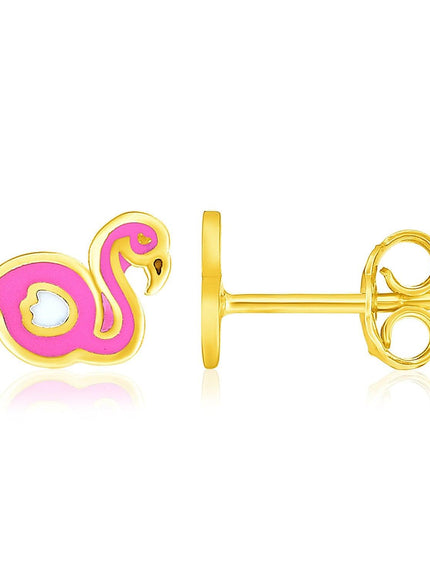 14k Yellow Gold Enameled Flamingo Childrens Earrings - Ellie Belle