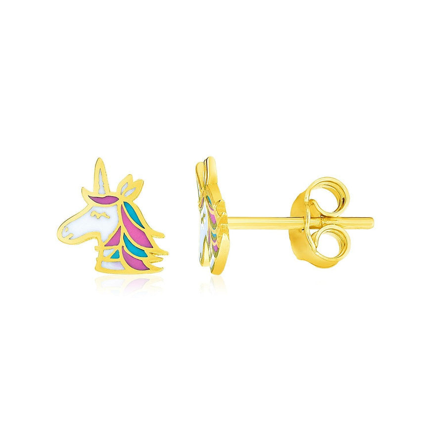 14k Yellow Gold Enameled Unicorn Childrens Earrings - Ellie Belle