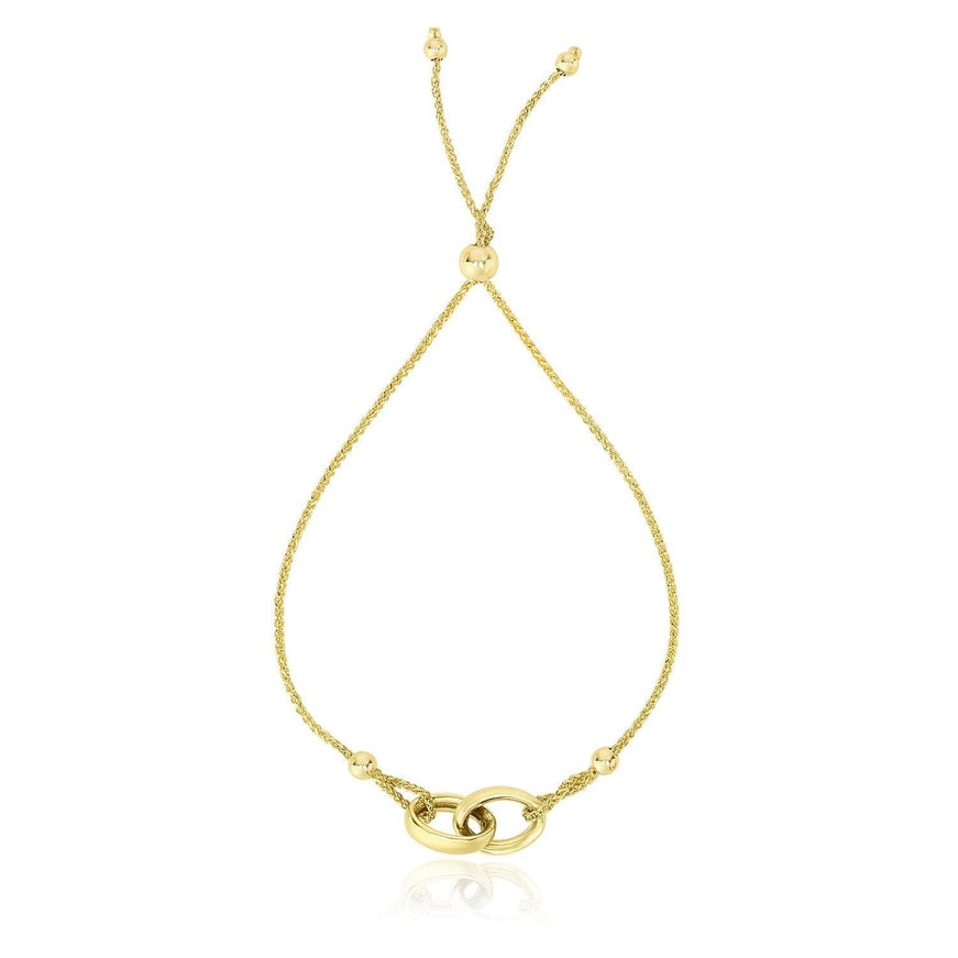 14k Yellow Gold Entwined Rings Adjustable Lariat Style Bracelet - Ellie Belle