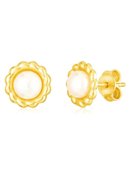 14k Yellow Gold Flower Stud Earrings with Pearls - Ellie Belle