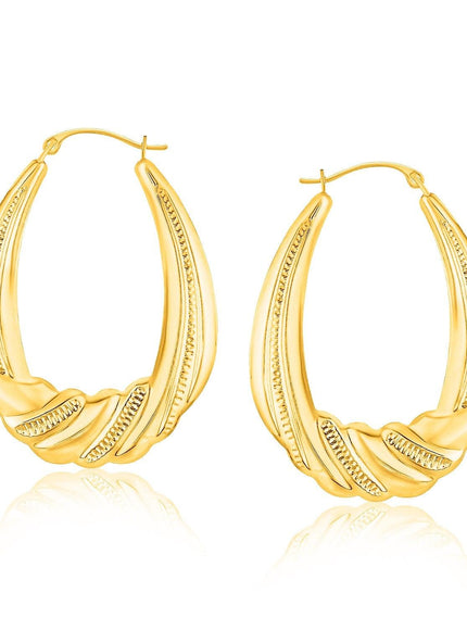 14k Yellow Gold Graduated Textured Oval Hoop Earrings - Ellie Belle