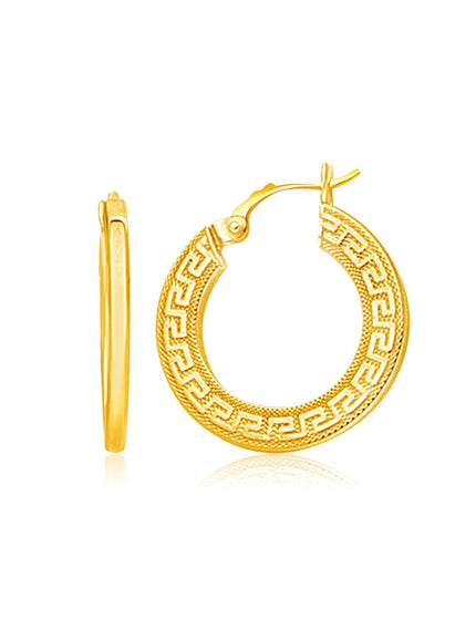14k Yellow Gold Greek Key Medium Hoop Earrings with Flat Sides - Ellie Belle