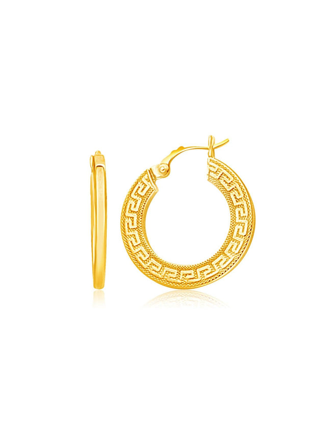 14k Yellow Gold Greek Key Medium Hoop Earrings with Flat Sides - Ellie Belle