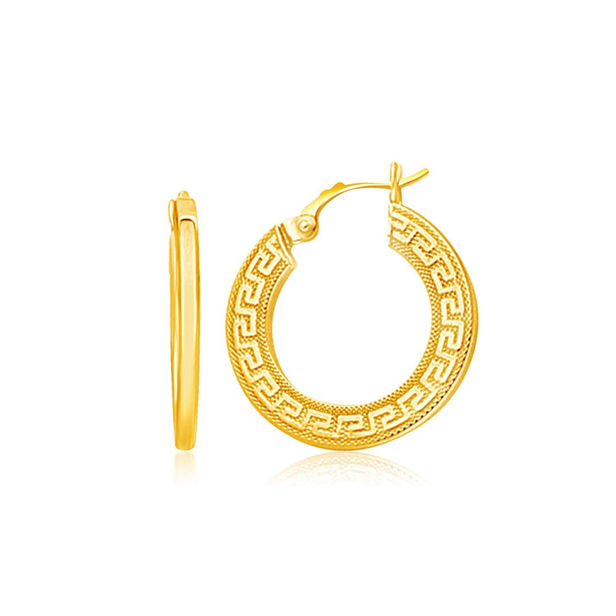 14k Yellow Gold Greek Key Medium Hoop Earrings with Flat Sides - Ellie Belle