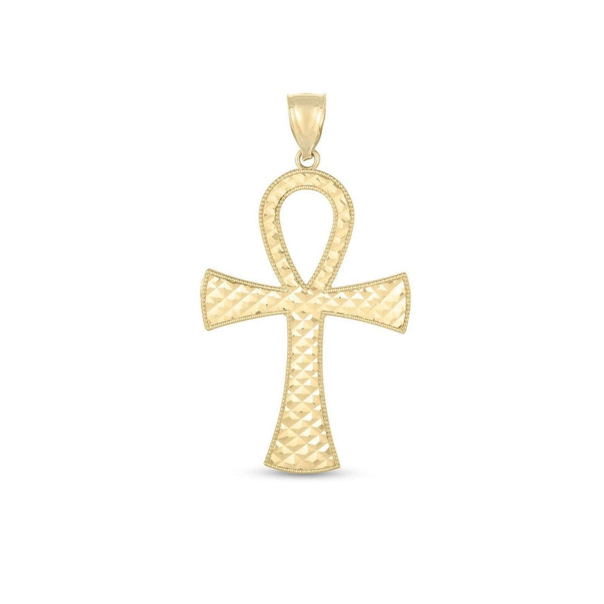 14k Yellow Gold High Polish Textured Ankh Pendant - Ellie Belle