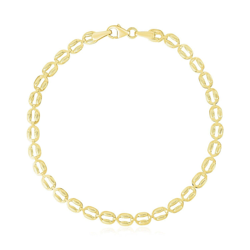 14k Yellow Gold High Polish Textured Puffed Oval Link Bracelet (3.8mm) - Ellie Belle