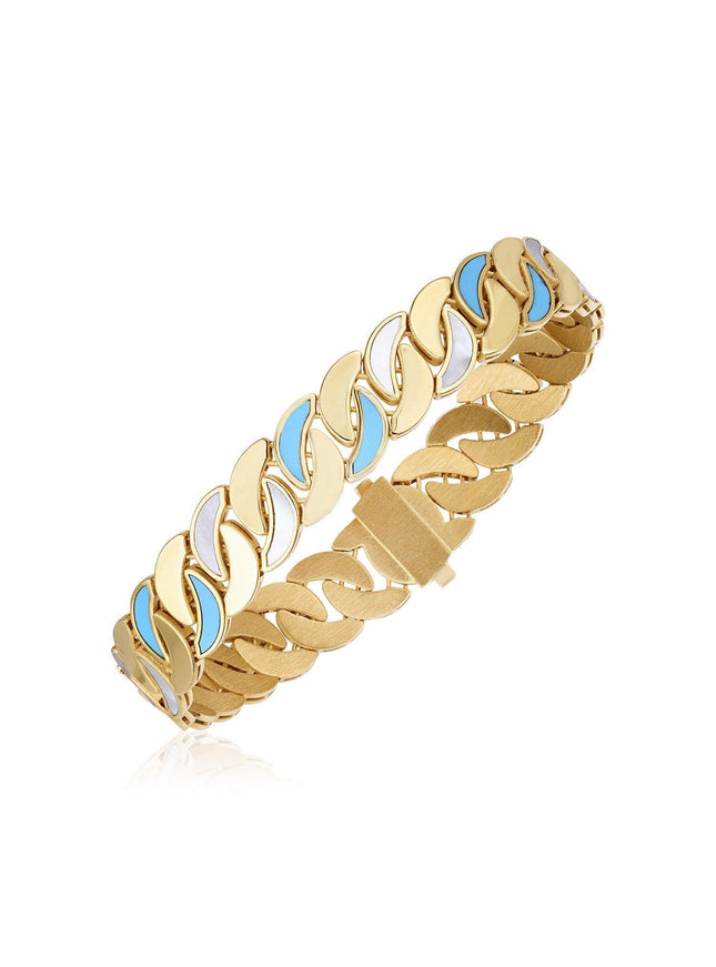 14k Yellow Gold High Polish Turquoise & Mother of Pearl Cuban Link Bracelet - Ellie Belle
