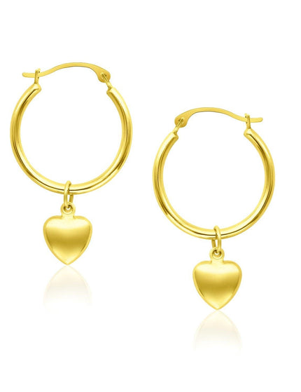 14k Yellow Gold Hoop Earrings with Dangling Puffed Heart - Ellie Belle