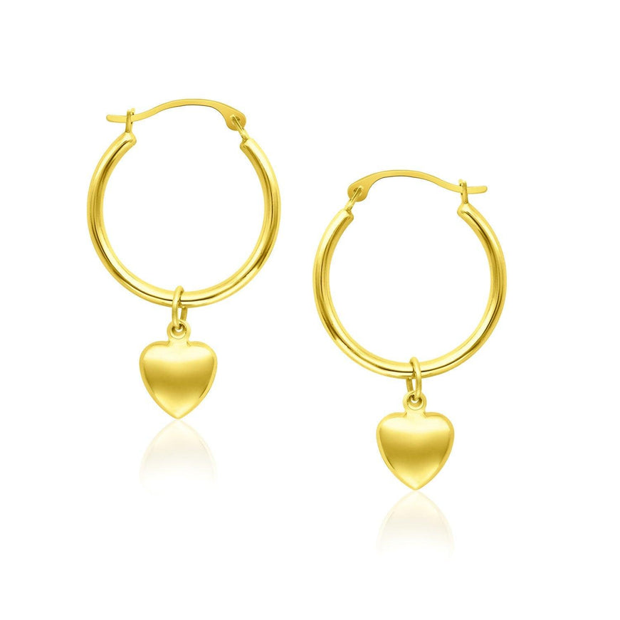 14k Yellow Gold Hoop Earrings with Dangling Puffed Heart - Ellie Belle