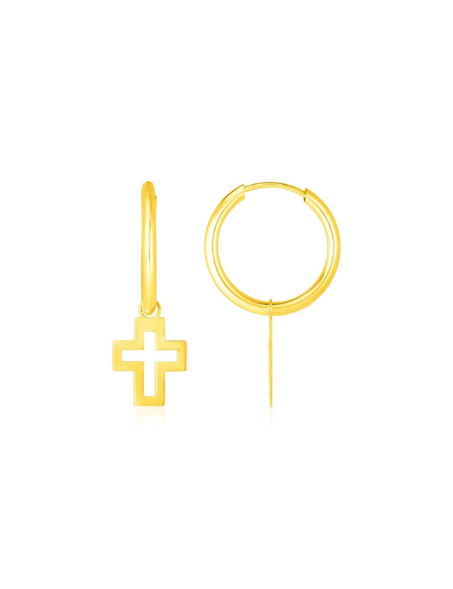 14K Yellow Gold Hoop Polished Earrings with Crosses - Ellie Belle