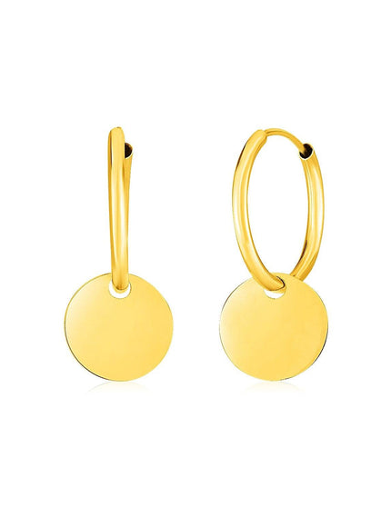 14k Yellow Gold Huggie Style Hoop Earrings with Circle Drops - Ellie Belle