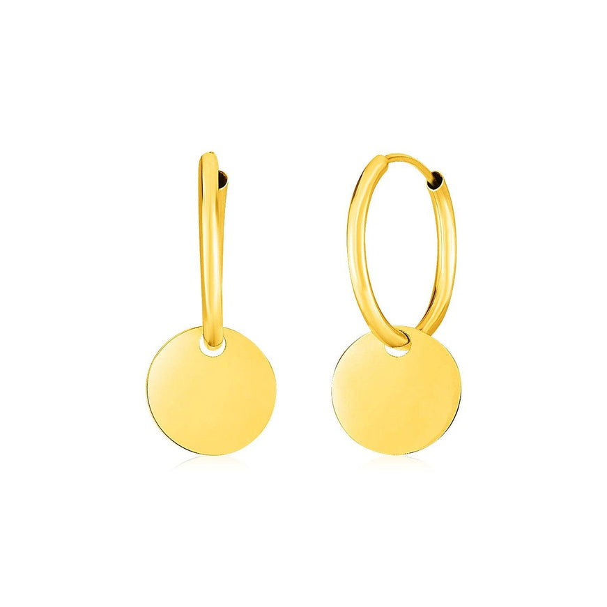 14k Yellow Gold Huggie Style Hoop Earrings with Circle Drops - Ellie Belle