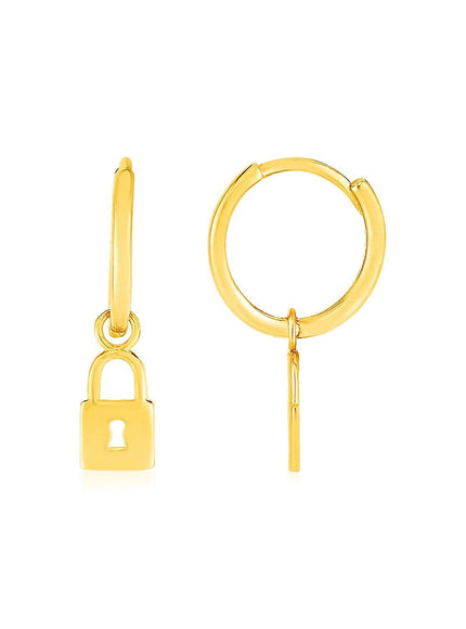 14k Yellow Gold Huggie Style Hoop Earrings with Padlock Drops - Ellie Belle