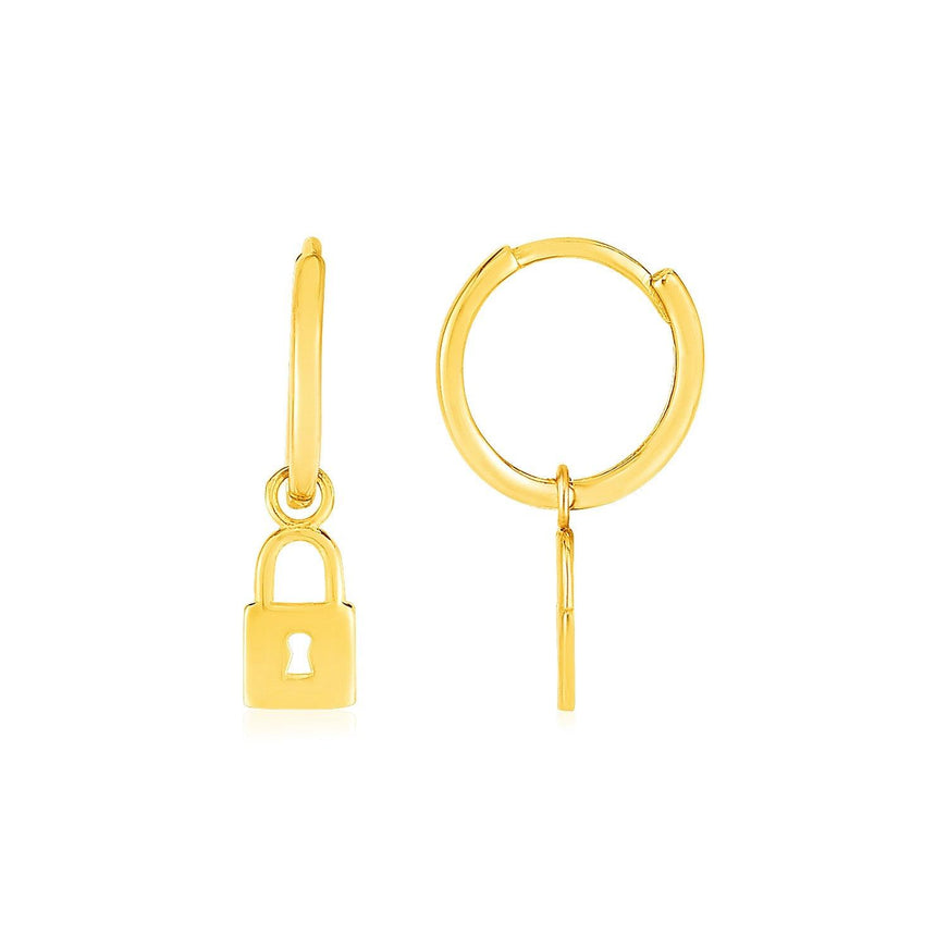 14k Yellow Gold Huggie Style Hoop Earrings with Padlock Drops - Ellie Belle